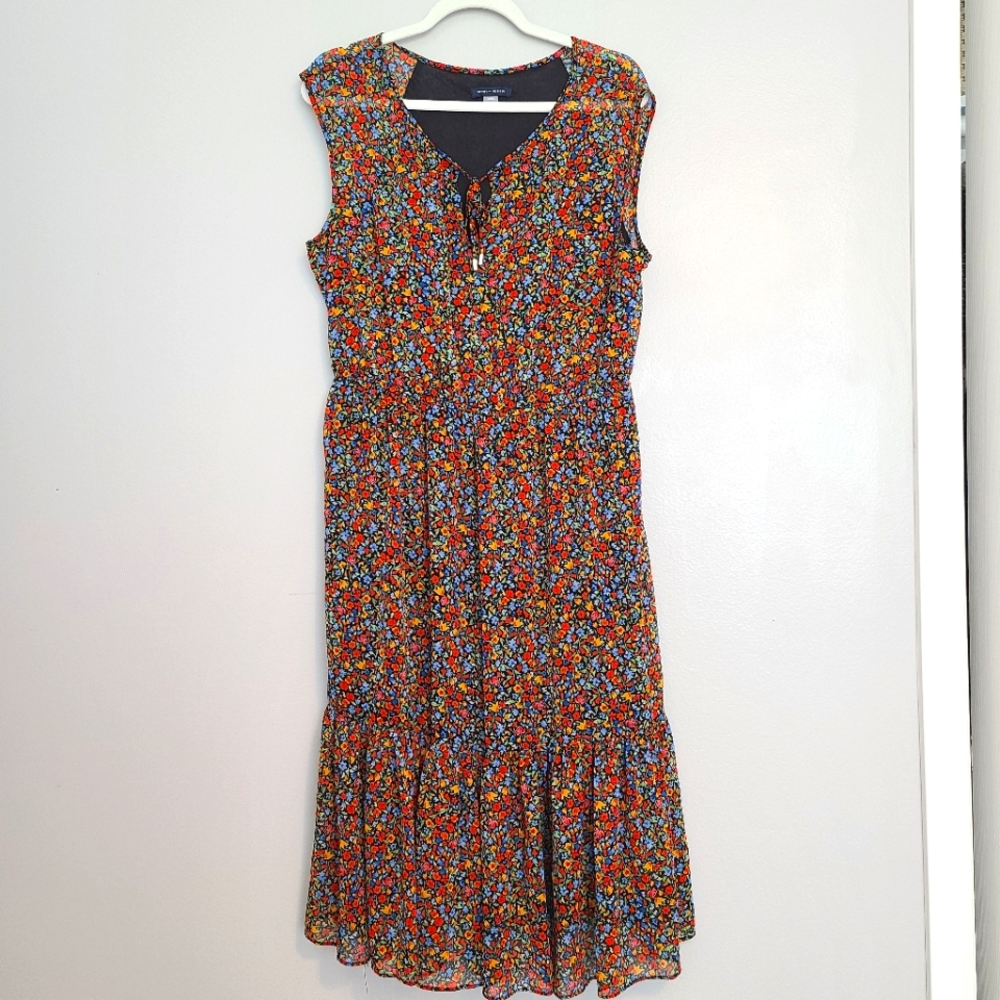 nwot Tommy Hilfiger Red, Blue, Orange Ditsy Floral Boho Tiered Dress XL Women 14
